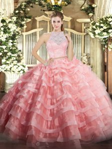 Edgy Watermelon Red Two Pieces Lace and Ruffled Layers Quince Ball Gowns Zipper Tulle Sleeveless Floor Length