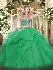 Green Scoop Lace Up Beading and Ruffles Sweet 16 Dress Sleeveless