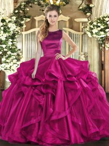 Edgy Fuchsia Organza Lace Up 15th Birthday Dress Sleeveless Floor Length Ruffles
