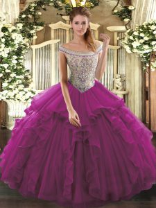 Fuchsia Ball Gowns Off The Shoulder Sleeveless Organza Floor Length Lace Up Beading and Ruffles Ball Gown Prom Dress