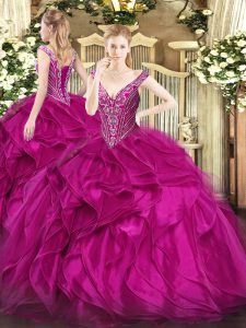 Clearance Fuchsia Sleeveless Floor Length Beading and Ruffles Lace Up 15 Quinceanera Dress