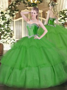 Green Lace Up Sweetheart Beading and Ruffled Layers Ball Gown Prom Dress Tulle Sleeveless