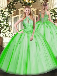 Decent Ball Gowns Vestidos de Quinceanera Halter Top Tulle Sleeveless Floor Length Lace Up