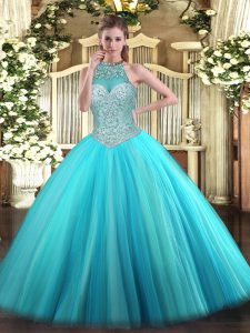 Artistic Aqua Blue Lace Up Halter Top Beading Quince Ball Gowns Tulle Sleeveless