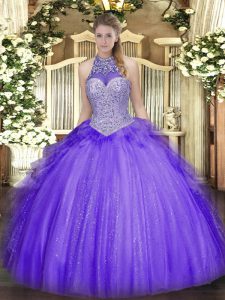 Artistic Lavender Halter Top Neckline Beading and Ruffles Sweet 16 Dresses Sleeveless Lace Up