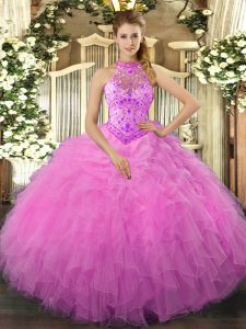 Halter Top Sleeveless Sweet 16 Dresses Floor Length Beading and Ruffles Rose Pink Organza