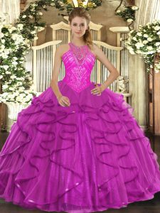 Fuchsia Vestidos de Quinceanera Military Ball and Sweet 16 and Quinceanera with Beading and Ruffles High-neck Sleeveless Lace Up