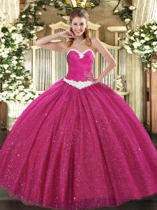 Floor Length Lace Up Sweet 16 Dress Hot Pink for Military Ball and Sweet 16 and Quinceanera with Appliques