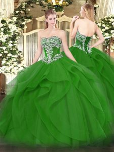 Green Tulle Lace Up Strapless Sleeveless Floor Length Vestidos de Quinceanera Beading and Ruffles