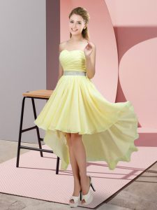 Affordable High Low Light Yellow Prom Evening Gown Chiffon Sleeveless Beading