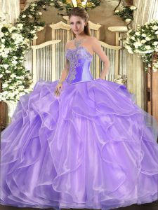Attractive Sleeveless Organza Floor Length Lace Up Quinceanera Gowns in Lavender with Beading and Ruffles
