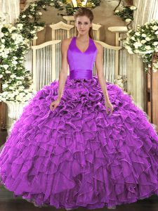 Charming Halter Top Sleeveless Sweet 16 Dress Floor Length Ruffles Fuchsia Organza