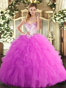 Floor Length Lace Up Quinceanera Dresses Rose Pink for Military Ball and Sweet 16 and Quinceanera with Beading and Ruffles