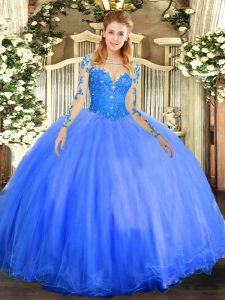Enchanting Blue Ball Gowns Tulle Scoop Long Sleeves Lace Floor Length Lace Up Vestidos de Quinceanera