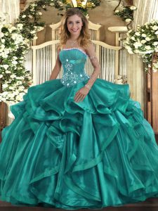 Best Selling Turquoise Ball Gowns Beading and Ruffles Quinceanera Gowns Lace Up Organza Sleeveless Floor Length