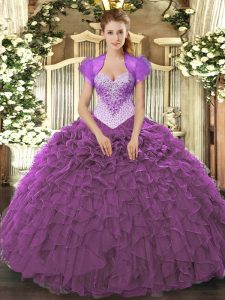 Eye-catching Beading and Ruffles 15 Quinceanera Dress Eggplant Purple Lace Up Sleeveless Floor Length