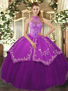 Pretty Satin and Tulle Sleeveless Floor Length 15th Birthday Dress and Beading and Embroidery