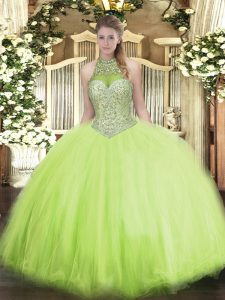 Sleeveless Tulle Floor Length Lace Up Quinceanera Dresses in Yellow Green with Beading