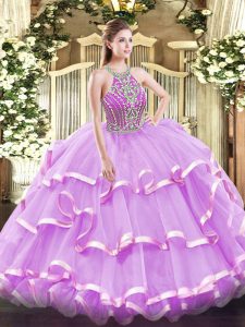 Lilac Sleeveless Beading and Ruffled Layers Floor Length Quinceanera Dress