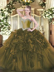 Sleeveless Organza Floor Length Lace Up Sweet 16 Dress in Olive Green with Beading and Ruffles
