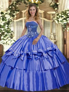 Enchanting Organza and Taffeta Strapless Sleeveless Lace Up Beading and Ruffled Layers Quinceanera Gown in Blue