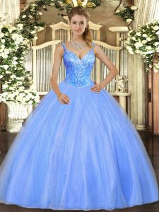 Blue Sleeveless Beading Floor Length Sweet 16 Dress