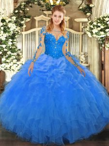 Delicate Blue Scoop Neckline Lace and Ruffles 15th Birthday Dress Long Sleeves Lace Up