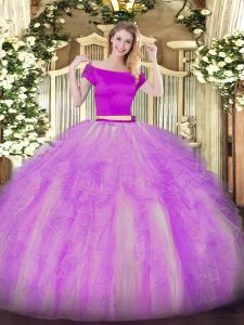 Lilac Two Pieces Appliques and Ruffles Ball Gown Prom Dress Zipper Tulle Short Sleeves Floor Length