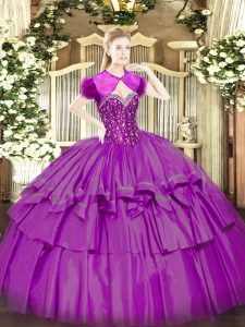 Fuchsia Quinceanera Dresses Military Ball and Sweet 16 and Quinceanera with Beading and Ruffled Layers Sweetheart Sleeveless Lace Up