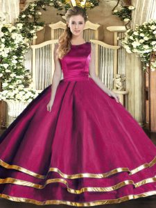 Fuchsia Scoop Lace Up Ruffled Layers Quinceanera Gowns Sleeveless