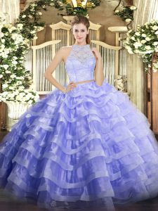 Great Lavender Sleeveless Lace and Ruffled Layers Floor Length Quince Ball Gowns