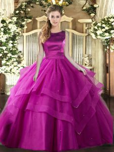 Fuchsia Sweet 16 Quinceanera Dress Military Ball and Sweet 16 and Quinceanera with Ruffles and Ruffled Layers Scoop Sleeveless Lace Up