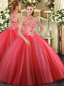 Top Selling Coral Red Sleeveless Floor Length Embroidery Lace Up Ball Gown Prom Dress