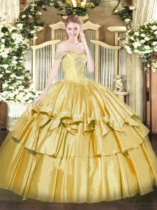 Modest Floor Length Gold Quinceanera Gowns Off The Shoulder Sleeveless Lace Up