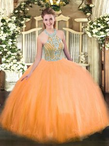 Orange Ball Gowns Halter Top Sleeveless Tulle Floor Length Lace Up Beading Quinceanera Dress