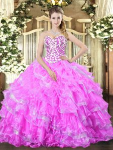 Pretty Lilac Ball Gowns Sweetheart Sleeveless Organza Floor Length Lace Up Beading and Ruffled Layers Quinceanera Gowns