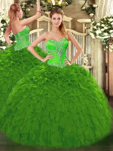 Custom Design Green Sweet 16 Dresses Sweet 16 and Quinceanera with Beading and Ruffles Sweetheart Sleeveless Lace Up