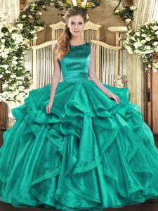 Turquoise Sleeveless Floor Length Ruffles Lace Up Ball Gown Prom Dress