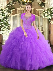 Stylish Lavender Tulle Clasp Handle Scoop Sleeveless Floor Length Sweet 16 Dresses Beading and Ruffled Layers