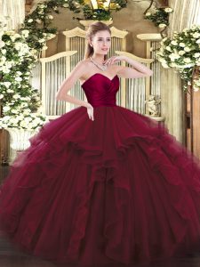 Modern Wine Red Ball Gowns Sweetheart Sleeveless Tulle Floor Length Lace Up Ruffles Quinceanera Gowns