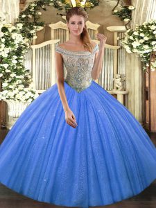 On Sale Baby Blue Tulle and Sequined Lace Up Off The Shoulder Sleeveless Floor Length Sweet 16 Dress Beading