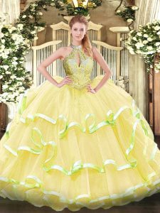 Simple Yellow Lace Up Halter Top Beading and Ruffled Layers Vestidos de Quinceanera Organza Sleeveless