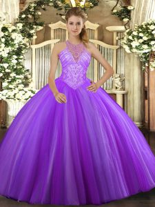 Lavender Lace Up High-neck Beading Sweet 16 Dresses Tulle Sleeveless