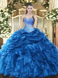 Stunning Sweetheart Sleeveless Vestidos de Quinceanera Floor Length Beading and Ruffles and Pick Ups Blue Organza