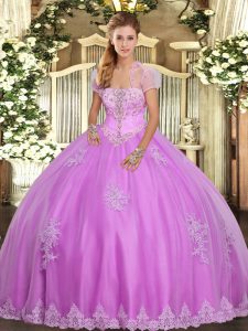 Lilac Lace Up Quinceanera Gown Appliques Sleeveless Floor Length
