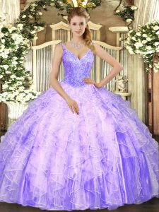 Lavender Ball Gowns Tulle V-neck Sleeveless Beading and Ruffles Floor Length Lace Up Quinceanera Dresses