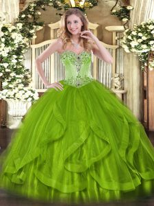Glittering Olive Green Sweetheart Lace Up Beading and Ruffles Sweet 16 Dress Sleeveless
