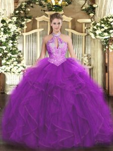 Cute Organza Sleeveless Floor Length Quinceanera Dress and Ruffles and Sequins