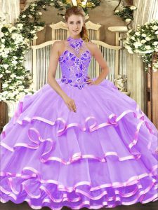 Lavender Halter Top Lace Up Beading and Embroidery and Ruffled Layers Quince Ball Gowns Sleeveless