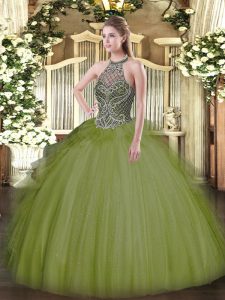 Dynamic Olive Green Ball Gowns Halter Top Sleeveless Tulle Floor Length Lace Up Beading Quinceanera Gowns
